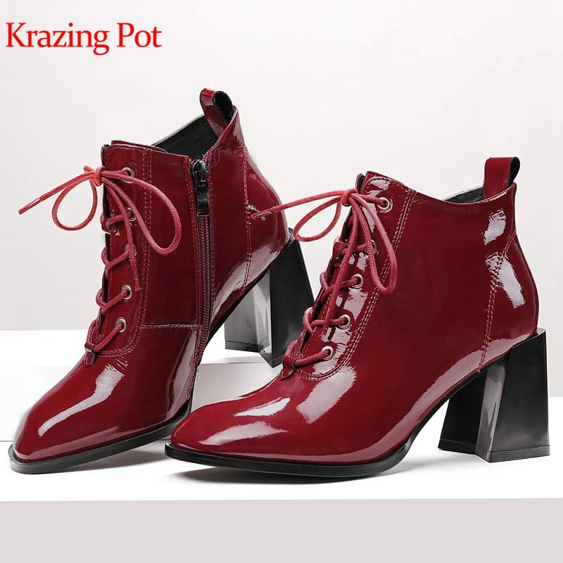 

Krazing pot patent cow leather square toe high heels big size runway lace up gladiator mature lady handmade Chelsea boots l1f6