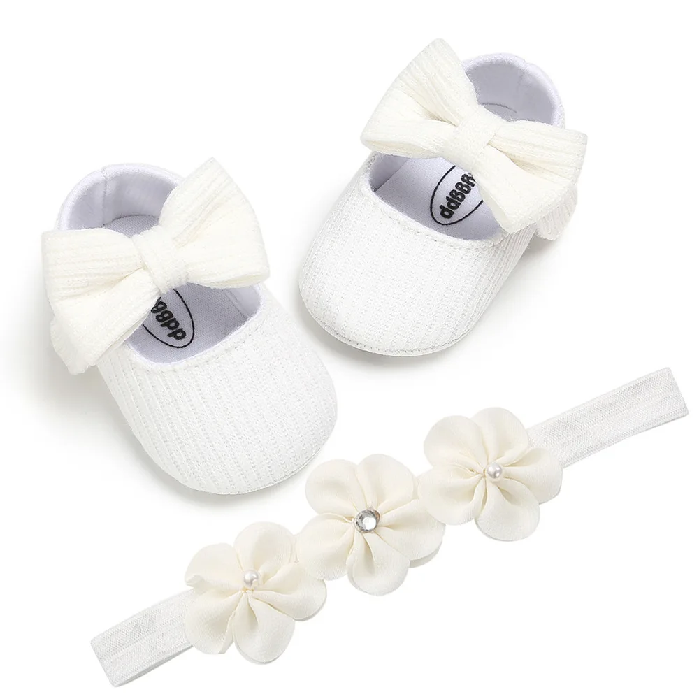 Комплект из 2 предметов для новорожденных, детское платье с бантом, детская обувь для малышей, повязка на голову с цветами, для девочек, на мягкой подошве, для первых шагов, Нескользящие кроссовки для малышей, комплект принцессы - Цвет: Белый