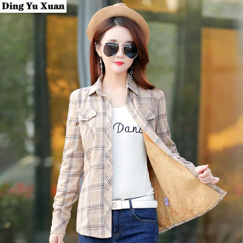 

Women's Warm Fleece Lined Shirt Female Autumn Winter Casual Shirts Blouses Women Plus Velvet Thick Plaid Shirt Long Sleeve Tops