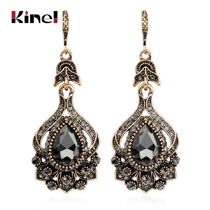 

Kinel 2019 New Luxury Gray Crystal Bridal Earrings For Women Antique Gold Color Beach Party Drop Earrings Vintage Jewelry