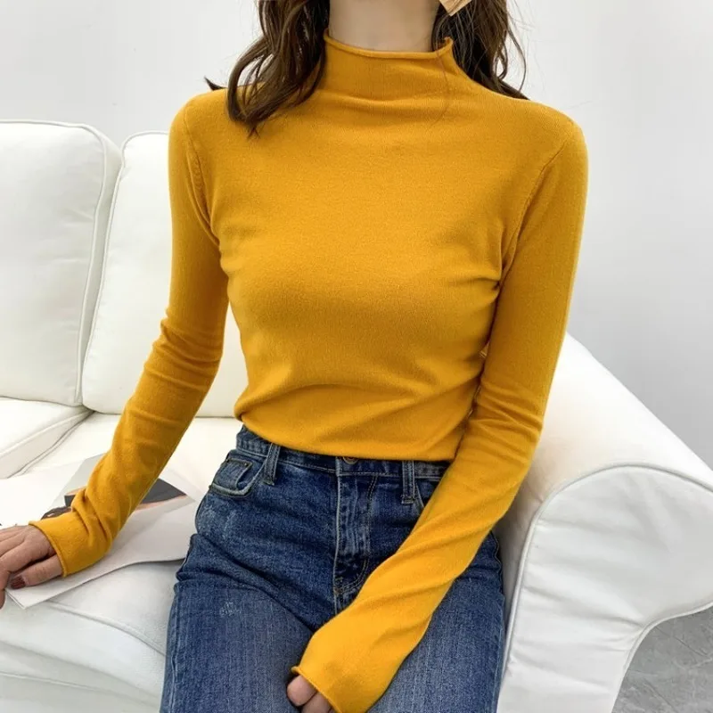 

New Korean Autumn Soft Cotton Knitted Jumper Turtleneck Tops Pullovers Casual Sweaters Women Long Sleeve Tight Sweater