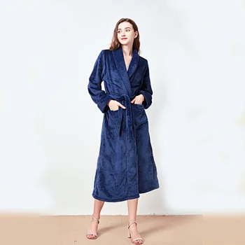 

Navy Blue Coral Fleece Winter Women Kimono Gown Robe Long Soft Homewear Warm Thicken Sleepwear Nightdress Casual Bathrobe Gown