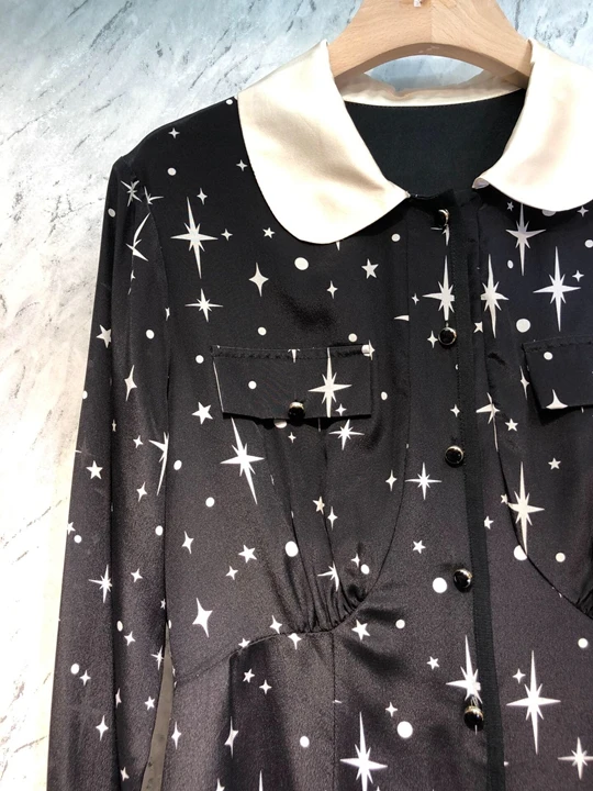 Осень и зима, новое женское платье с воротником и манжетами, сочетающееся по цвету, с отворотом, с принтом звезды, с длинным рукавом, 1121