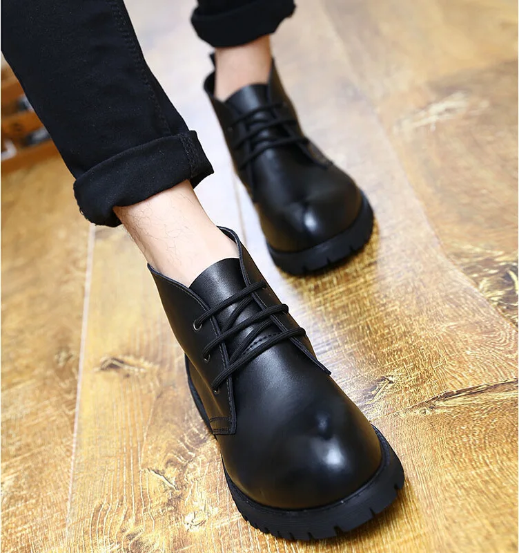 

Korean-style Cowhide plus Velvet Leather Boot Solid Color Lace-up Men's Boot round-Toe Warm Casual Short Boots Trend MEN'S SHOES