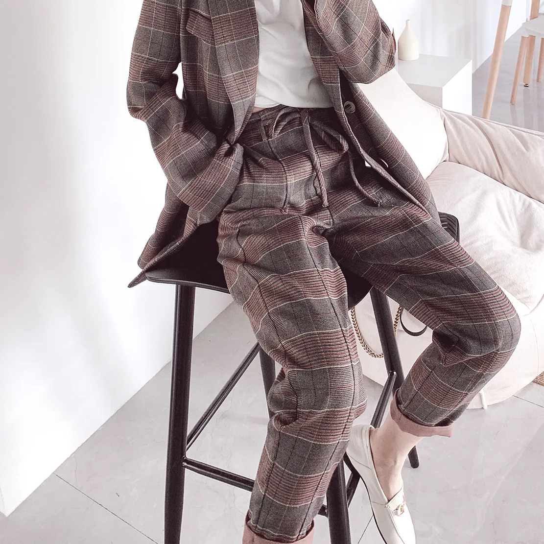 

Autumn 2019 Checker Pants New Wear Checker Rate Thick High-waist Leisure Pants Elastic Waist Plaid Straight Plaid Pants Women