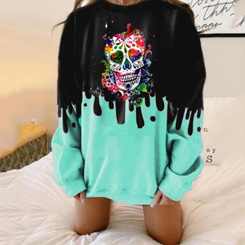 

Skull Print Women Plus Size Sweatshirt Autumn Winter Thin Loose Pullovers Top Long Sleeve O-Neck Female Oversize Streetwear