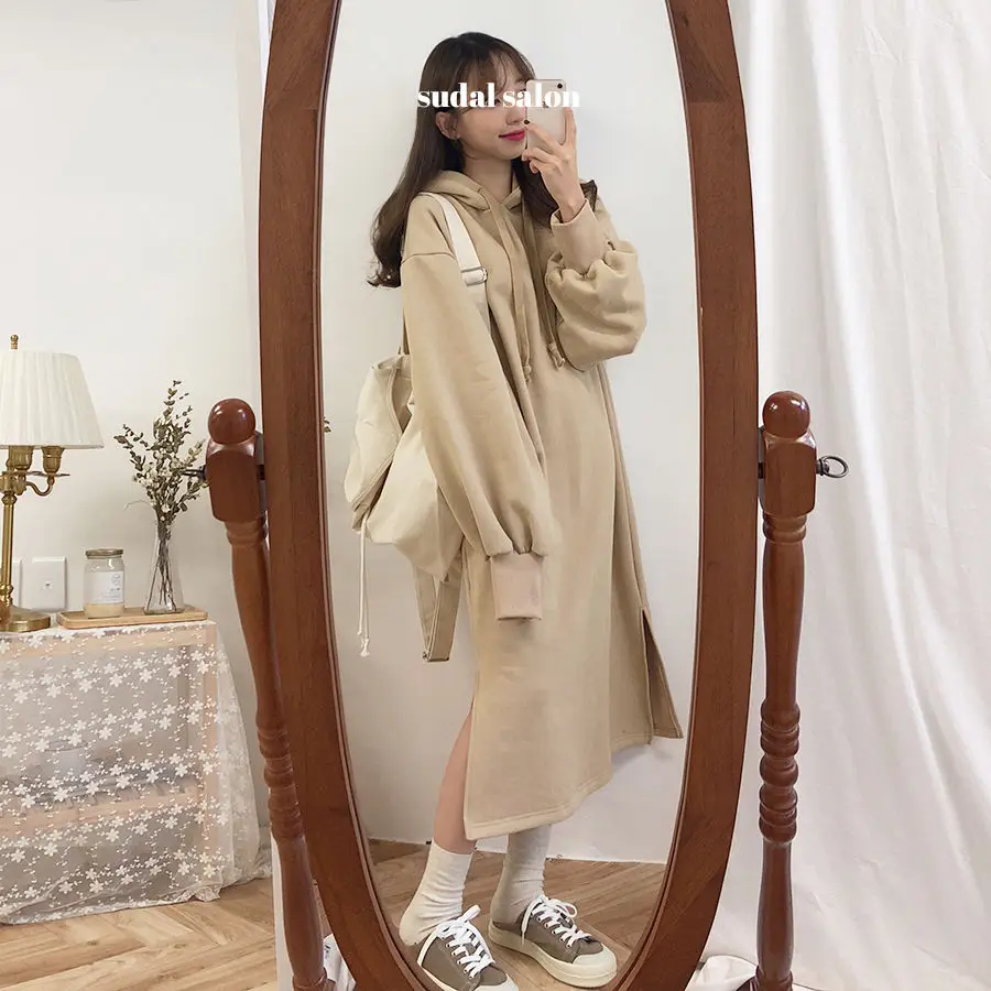 Thicker Dress Women Korean Lovely Simple Fashion Preppy Loose Spring Plus Velvet Ladies Outerwear Popular Hooded Teens Vestido vintage clothing stores