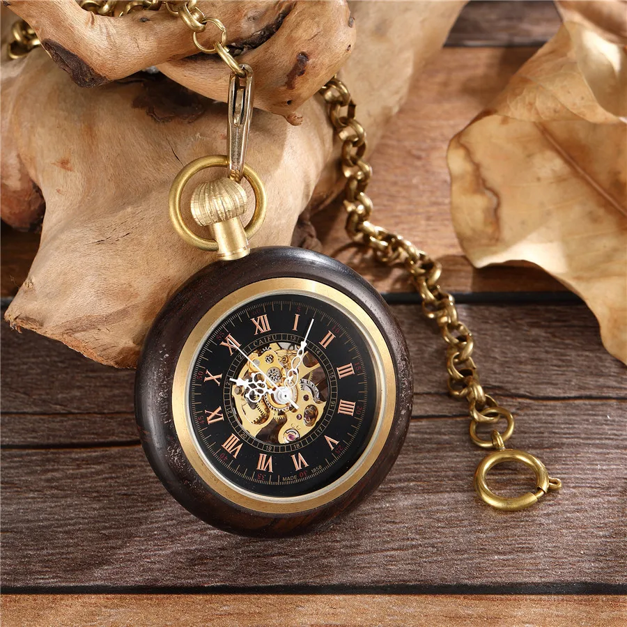 Круглые деревянные механические карманные часы Роскошные красные черные деревянные часы ручной обмотки Скелет Fob часы мужские и женские часы подарки Reloj