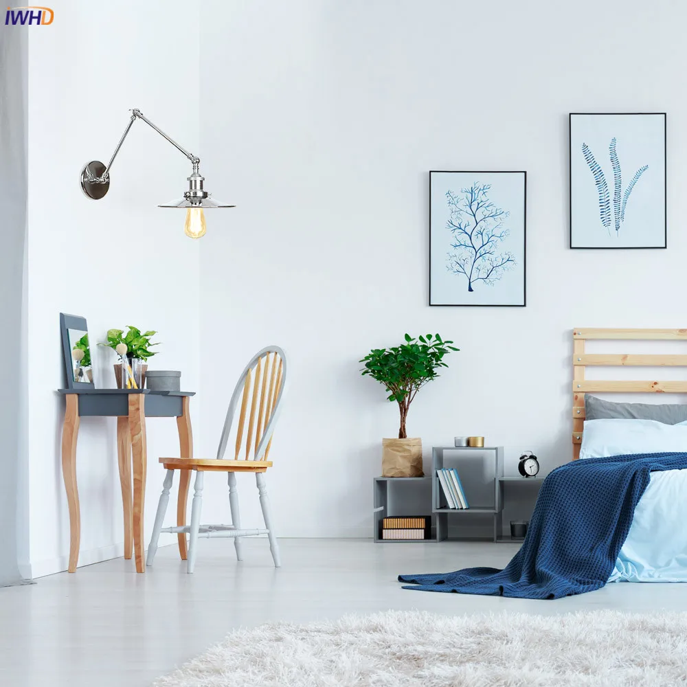 IWHD Silver Swing Long Arm LED Wall Light Fixtures Bedroom Stair Mirror Loft Industrial Decor Vintage Wall Lamp Sconce Edison