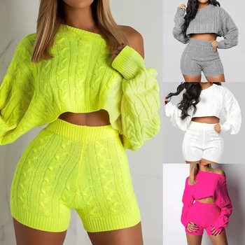 

Long Sleeve Round Neck Pullover Two Piece Set Women Set Autumn Winter Outfits Long Sleeve Knit Sweater top and shorts Suit Sexy