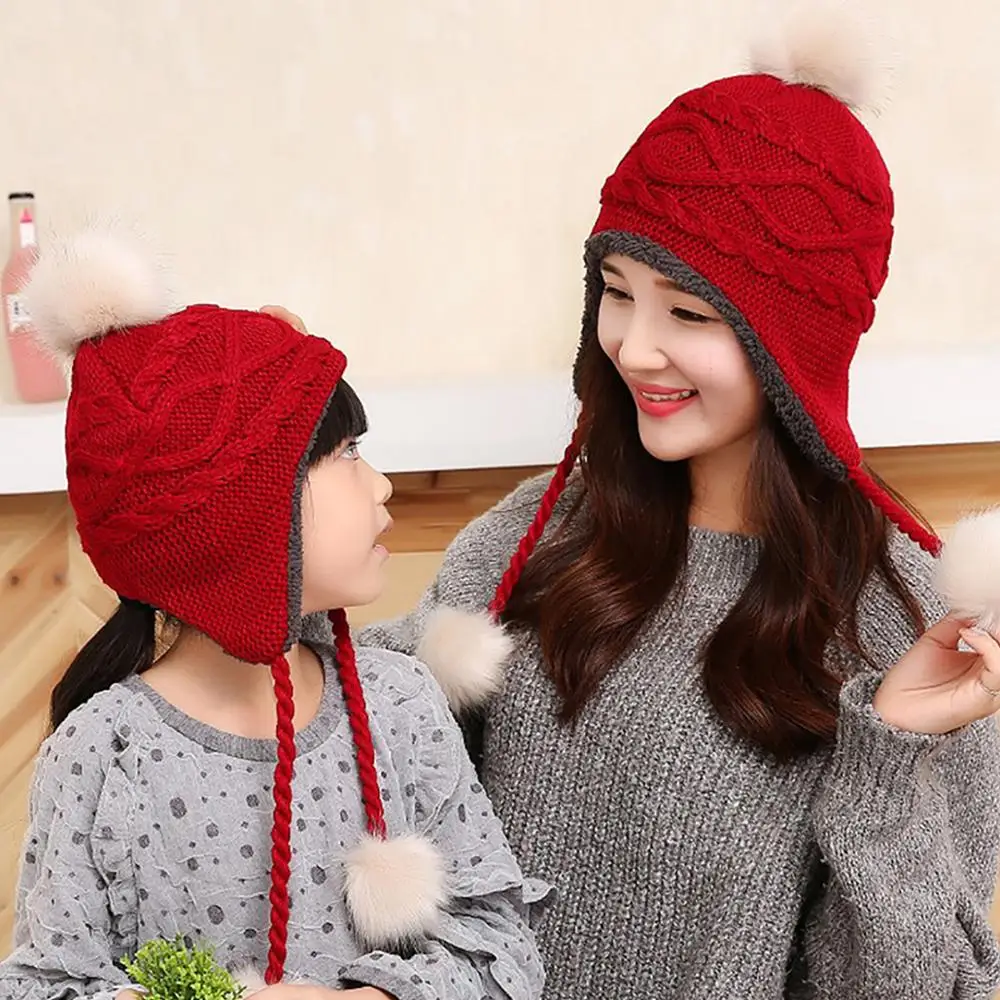 Brand Winter knitted Beanies Hats Women Thick Warm Beanie PomPoms Hat Female knit Bonnet Beanie Caps Parent-child Accessories