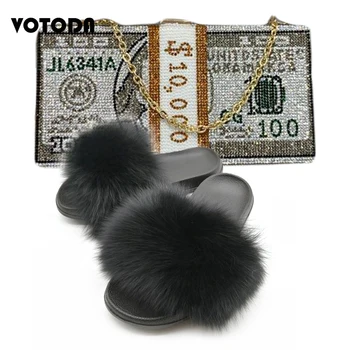 

Woman Fur Slippers Fluffy Real Fox Fur Flip Flops Luxury Diamond Bag Women Dinner Handbag Fashion Party Wallet Fur Sandals Set