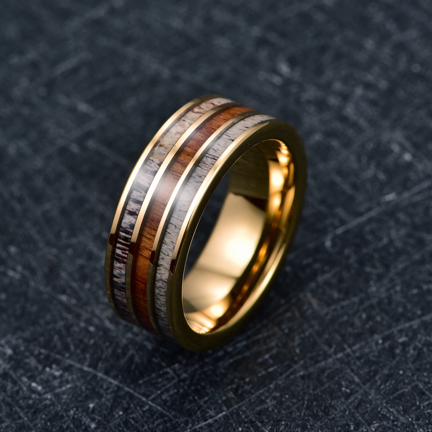 8mm Electric Gold Color Inlaid Deer Antler Wood Grain Tungsten Steel Ring For Men Fashion Wedding Rings Jewelry Gift