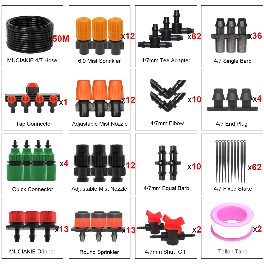 MUCIAKIE 50M/10M DIY Micro Drip Irrigation Misting Cooling System With 5 Types Adjustable Nozzle Sprinkler Garden Watering Kits - Цвет: A 50M Kit