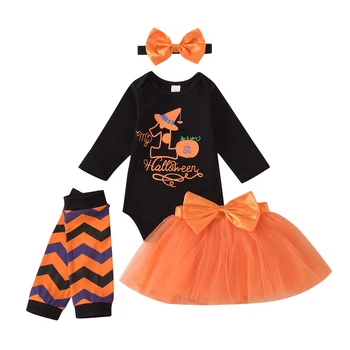 

My First Halloween Newborn Girl Party Clothes Long Sleeve Romper Bow Mesh Skirt Headband Striped Socks 4Pcs Outfits Set 0-18M