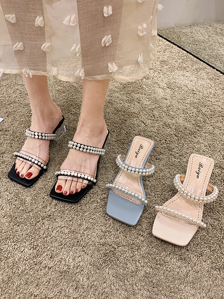 

Туфли женские на среднем каблуке, толстый каблук, жемчуг, прозрачные, тапки с кристаллами, лето 2021