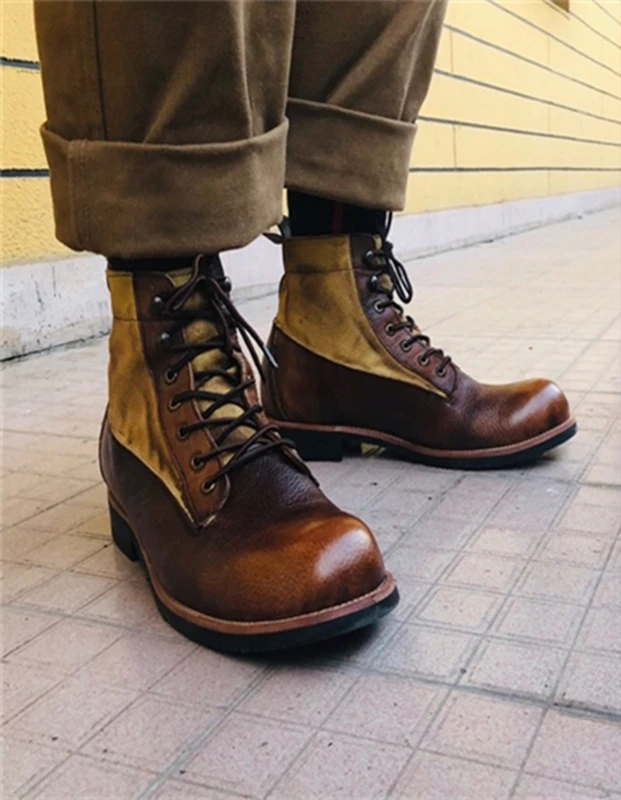 Amerikaanse Vintage Heren Motorlaarzen Echt Leer Lace Up Laarzen|Werk en  veiligheidslaarzen| - AliExpress