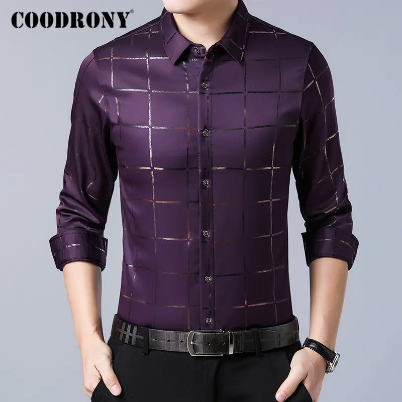 Бренд COODRONY, мужские рубашки с длинным рукавом, хлопковая рубашка для мужчин, осенние мужские рубашки, Повседневная облегающая уличная одежда, клетчатая рубашка Camisa Masculina 96065 - Цвет: Фиолетовый
