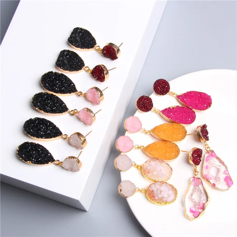 

Natural Stone Round Druzy Earrings Mix Colors Green Drusy Quartz Water Drop Charms Drop Earring Mujer Vintage Jewelry 2019