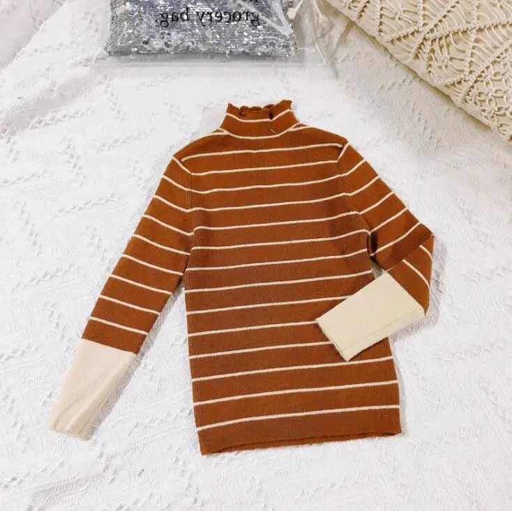 coffee striped Зимние Модные вязаные свитера в полоску с высоким воротником для девочек Теплые Мягкие Универсальные пуловеры для маленьких девочек - Цвет: coffee striped