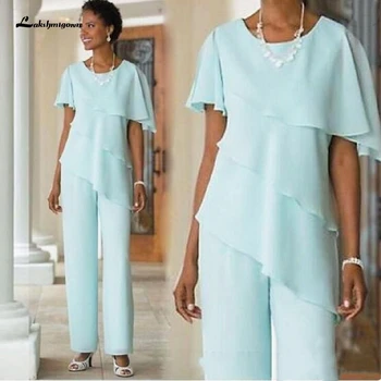 

Ruched Light Blue Mother Of the Bride Dresses Pant Suits Plus Size 2020 Summer Wedding Guest Formal Evening Gowns