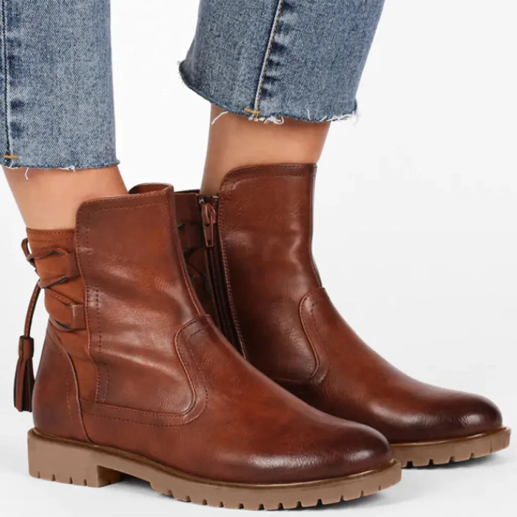 

Ladies Leather ankle boots para mulheres inverno Square Heel Solid Zipper zapatos de mujer Biker Versatile Fringe Boots Shoes