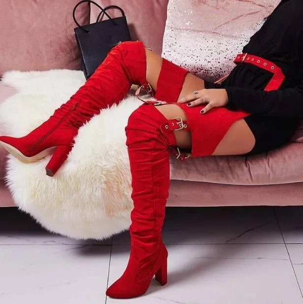 Red Yellow Black Suede Woman Pointed Toe Over The Knee Buckles Sexy Pants Belts Boots High Heel Square Toe Long Boots Lady