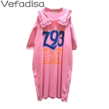 

Vefadisa Plus Size Letter Print Dress Peter pan Collar Women Dress 2020 Summer Short Sleeve Oversize Knee-Length Dress QYF2458