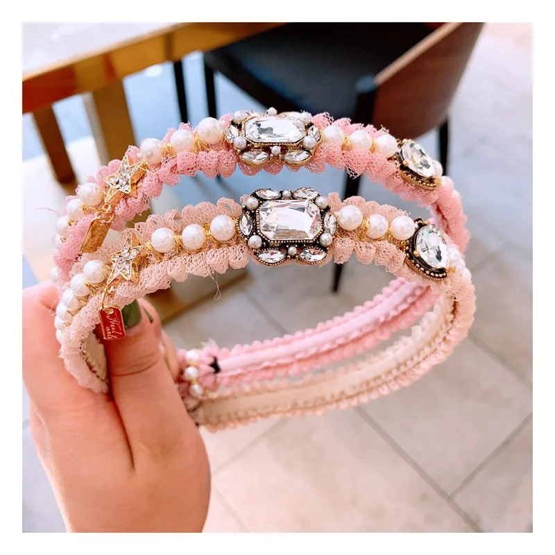 cheap Haimeikang Rhinestone Pearl Hair Hoop Retro Customized Headband Lace Pendant Headwear for Women Fashion Novelty Accessories