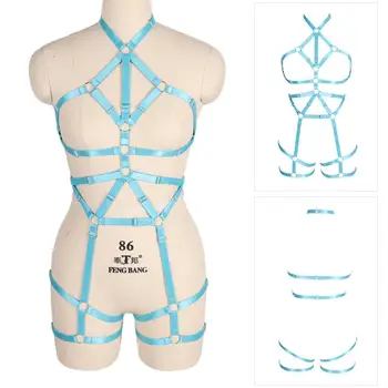 

Blue Body Harness Lingerie Set Punk Goth Metal Ring Garter High Waist Bondage Party Dance Rave Strappy Tops Chest Bra Plus Size