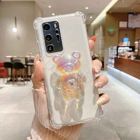 Holder Clear Cover For Samsung Galaxy S22 S20 S21 FE Ultra S10E S10 Lite S9 S8 Plus S7 Edge Case Cartoon Bear TPU Silicone