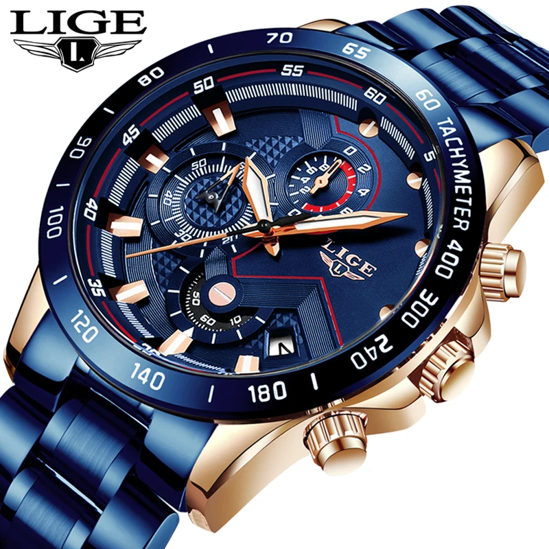 

LIGE Fashion Men Watch Luxury Brand Stainless Steel Wrist Watch Chronograph Army Military Quartz Watches Relogio Masculino+Box