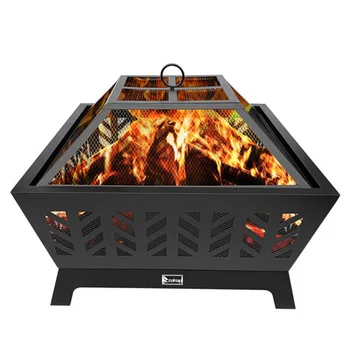 

26'' Multifunctional Square Fire Pits Black Steel Durable Brazier Outdoor Patio Yard Garden Heater Rustic Decoration Fireplace