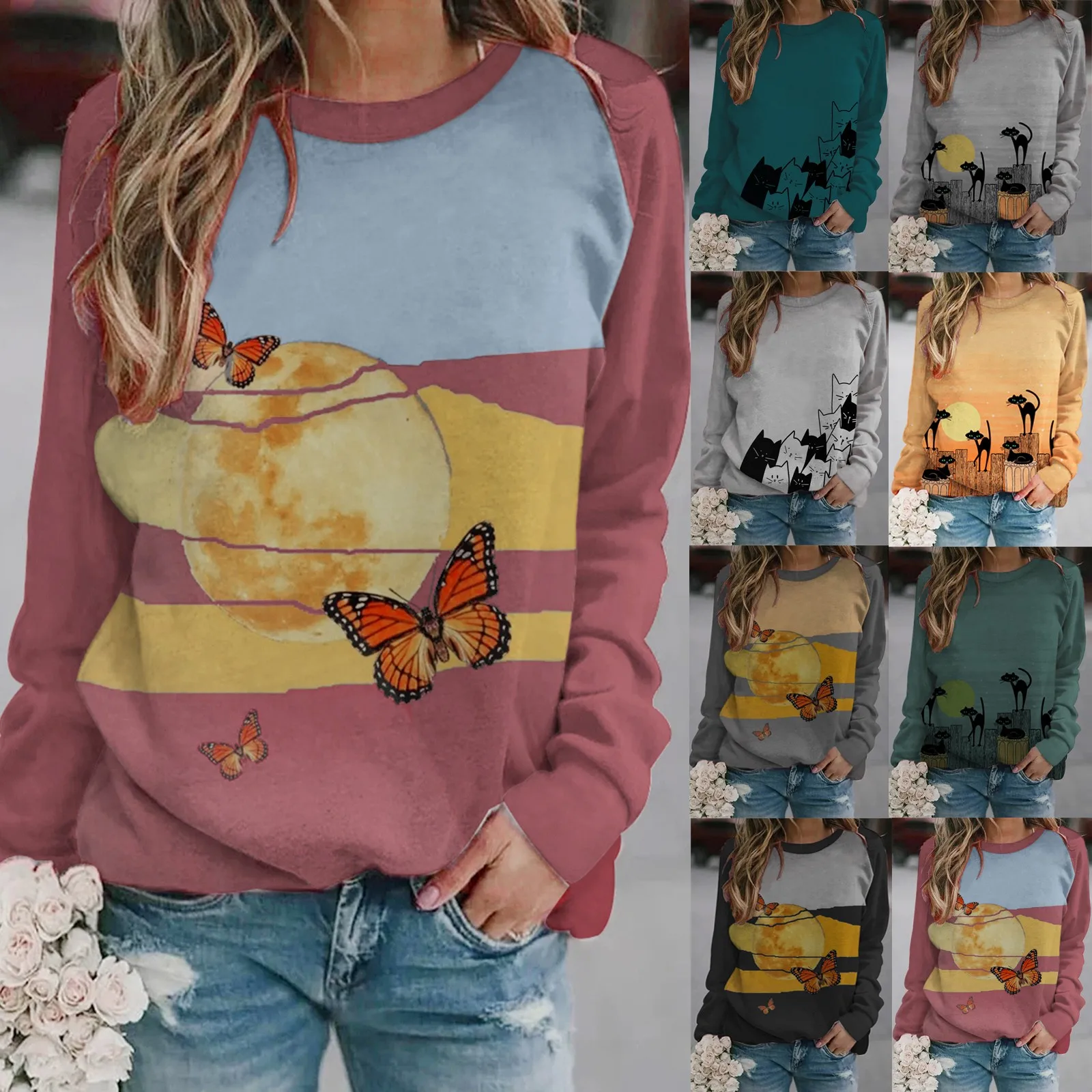 Fashion Blouse 2021 Womens Cat  Butterfly Long-Sleeved Sweatshirt Blouse  Casual Pullover Tops S-4XL blouses blusas mujer 1