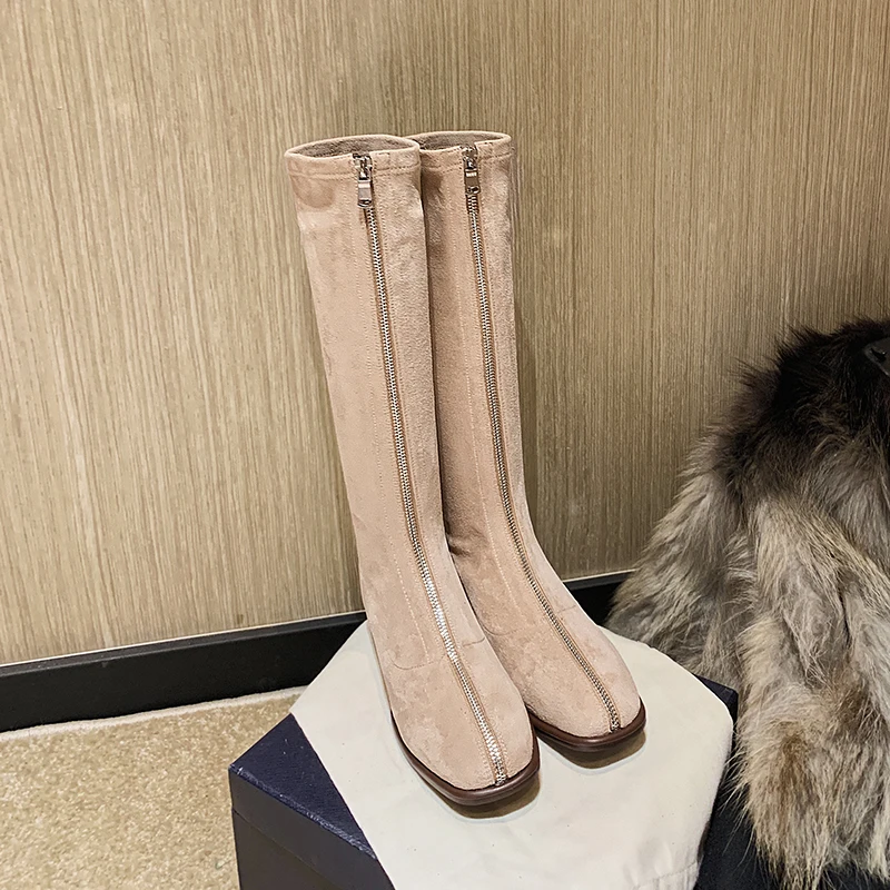 

Women knee-high boots Flock Stretch suede shoes plus size 22-26.5cm length autumn and winter Square toe front zipper long boots