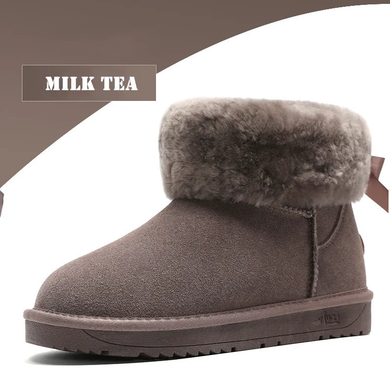 milk tea Женские ботинки; коллекция года; теплые зимние женские ботильоны из коровьей замши с толстым плюшем; нескользящие женские непромокаемые сапоги на меху - Цвет: milk tea