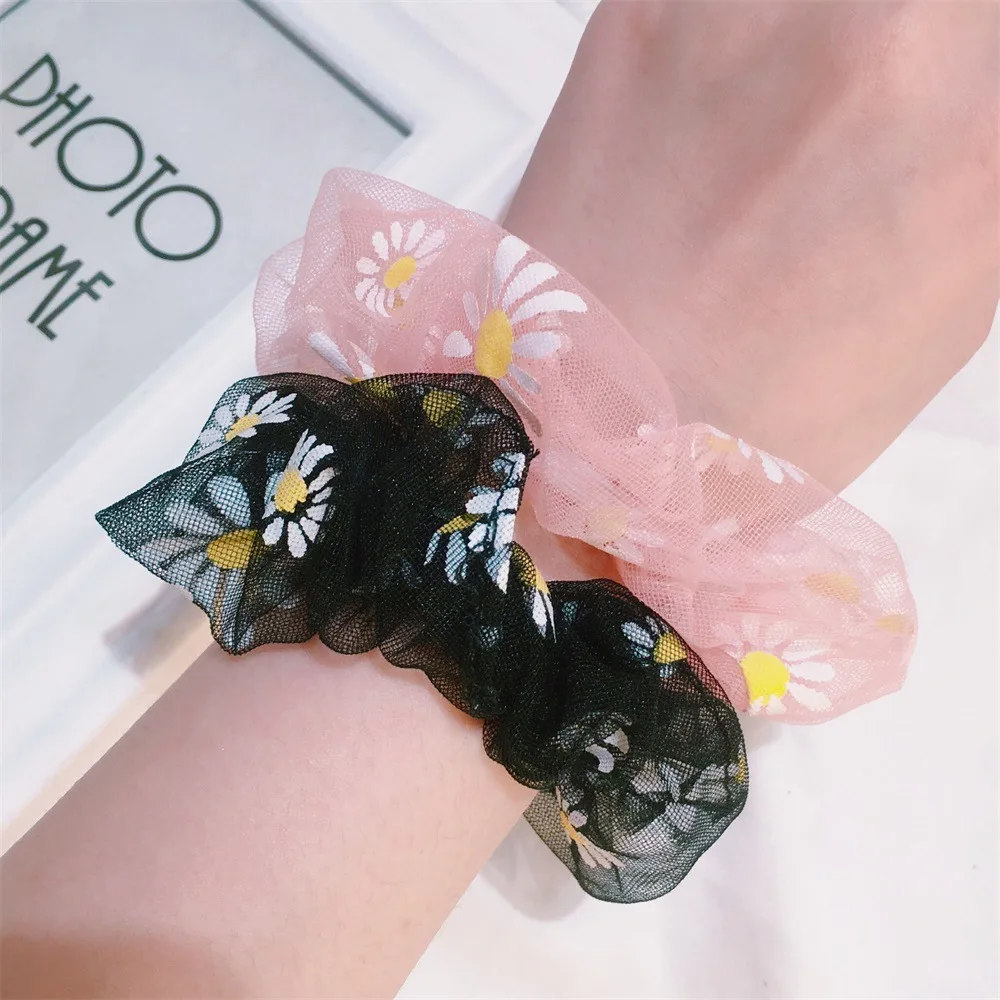 

Purple Pink Gray Yellow Daisy Printed Tulle Headwear For Girls Elastic Hair Bands Hair Ring Ponytail Holder Hair Accessories
