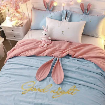 

JUSTCHIC Washed Cotton Summer Quilt Cute Rabbit Ears Solid Color Down Duvet Kids Comforter Double Spring Autumn colchas edredon
