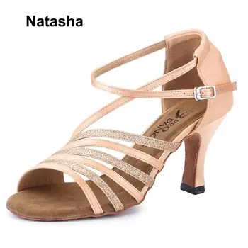 

Natasha women ballroom dance shoes latin dancing shoe satin high heel buckle suede sole 2.75" heel height open-toe