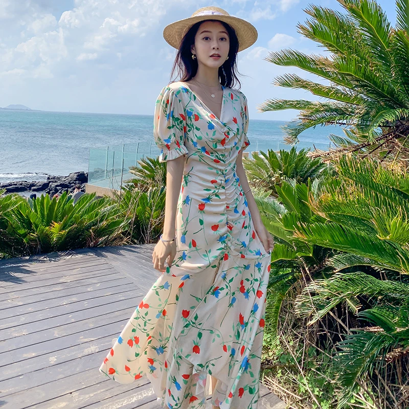 

Women Long Floral Satin Dress Summer 2020 Runway Vintage Korean Party Dress Elegant Boho Tropical Beach Vacation Satin Dresses