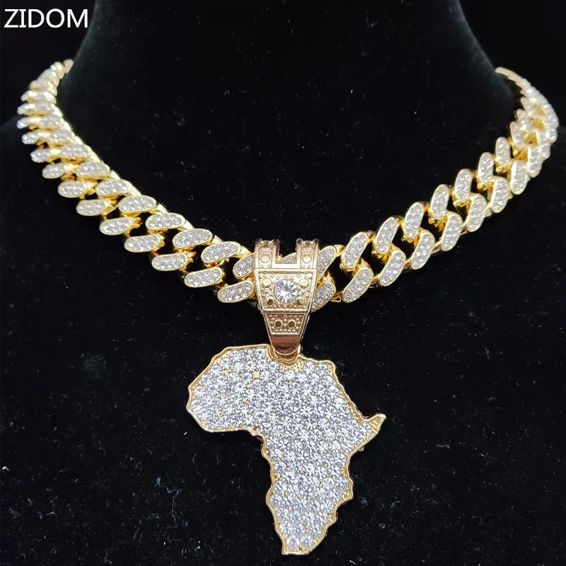 Men Women Hip Hop Iced Out Bling Map of Africa Pendant Necklace with 13mm Cuban Chain HipHop Necklaces Fashion Charm Jewelry | Украшения и