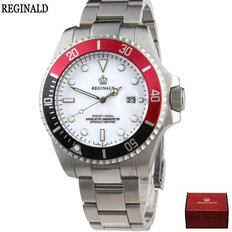 Мужские часы Топ бренд Реджинальд часы мужские спортивные часы вращающийся ободок GMT сапфировое стекло Дата часы из нержавеющей стали подарки - Цвет: red black white box