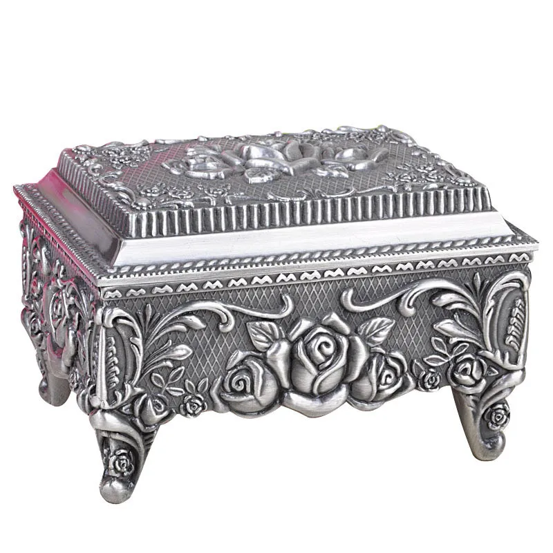 Vintage Metal Trinket Box Rose Carving For Treasure Chest Antique Jewelry Keepsake Mother's Day Gift Desktop Jewelry Storage Box