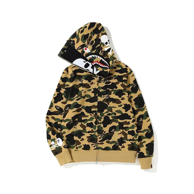 

2019 Autumn And Winter New Style Japanese-style Popular Brand Camouflage Double Cap Skull Zipper Hoodie Mock Two-Piece Couples H
