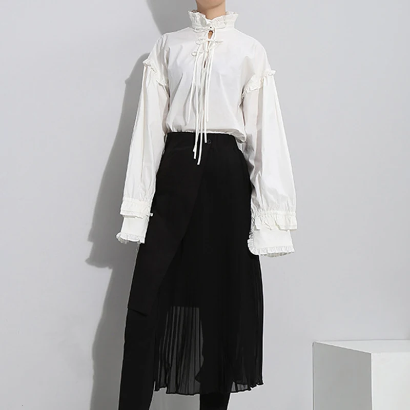 CHICEVER, Корейская женская блузка со шнуровкой и бантом, Повседневная Свободная Осенняя женская рубашка со стоячим воротником и длинным рукавом, новинка