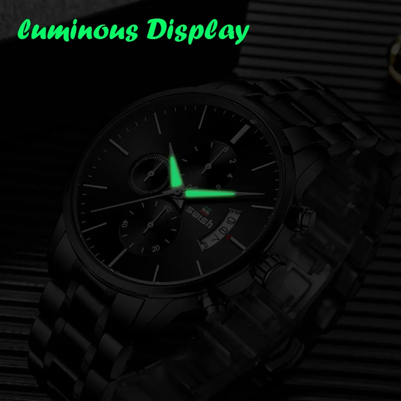 SWISH Men Wristwatch Blue Dial Sport Quartz Clock Men's Watch Calendar Chronograph Hand Multifunction Dial Luminous Hand