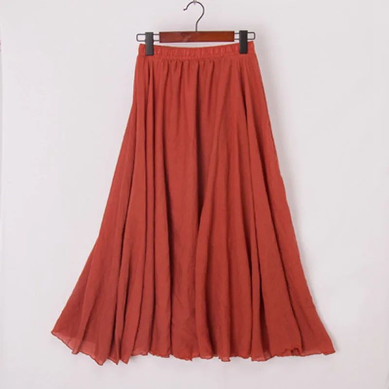 Высококачественная хлопковая льняная Макси-юбка женская Повседневная Эластичная Высокая талия плиссированная трапециевидная пляжная юбка Boho Saia Женские юбки Jupe