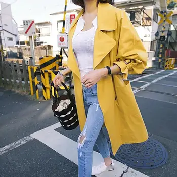 

Spring Fall Women Korean Slim Yellow Long Trench Coat Female Double Breasted With Belt Plus Size Trench Outerwear