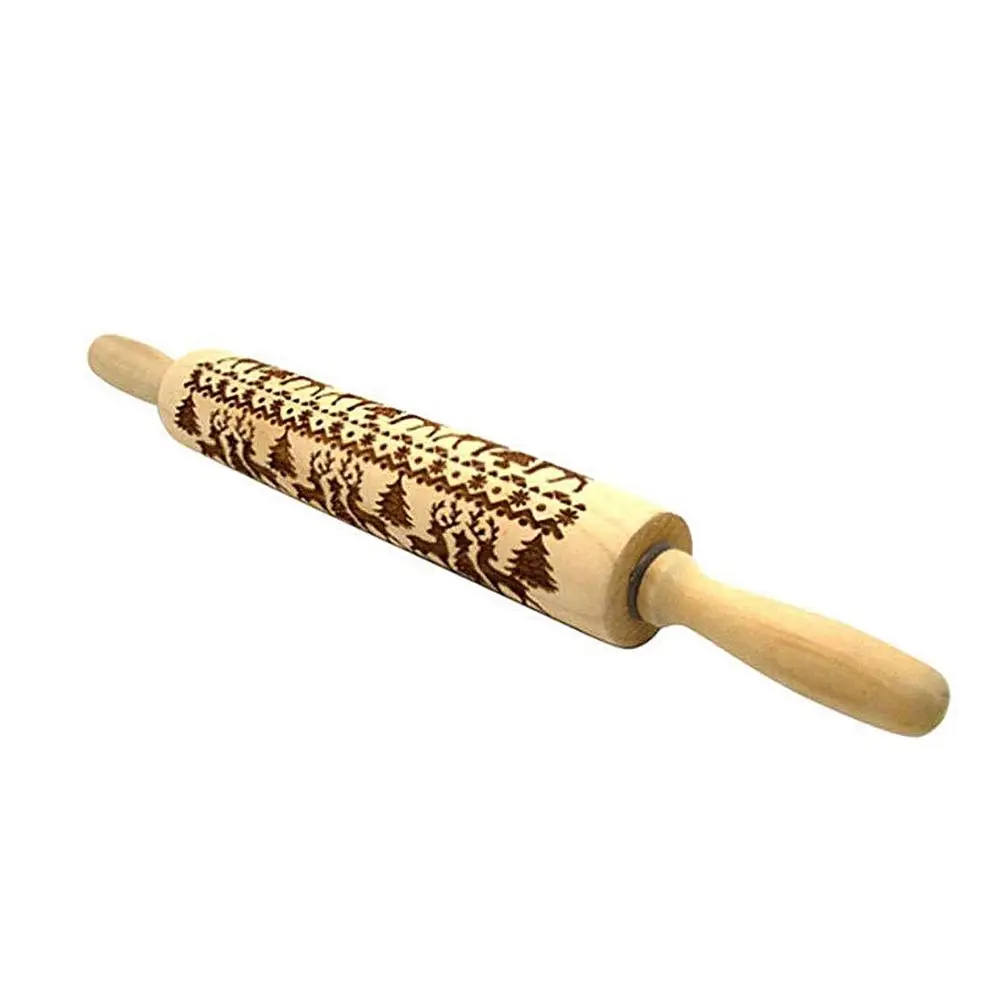 Behogar Christmas Engraved Embossing Rolling Pin for Pasta Cookie Biscuit Dough Pastry Baking Bakery Pizza Fondant Chapatti Pie