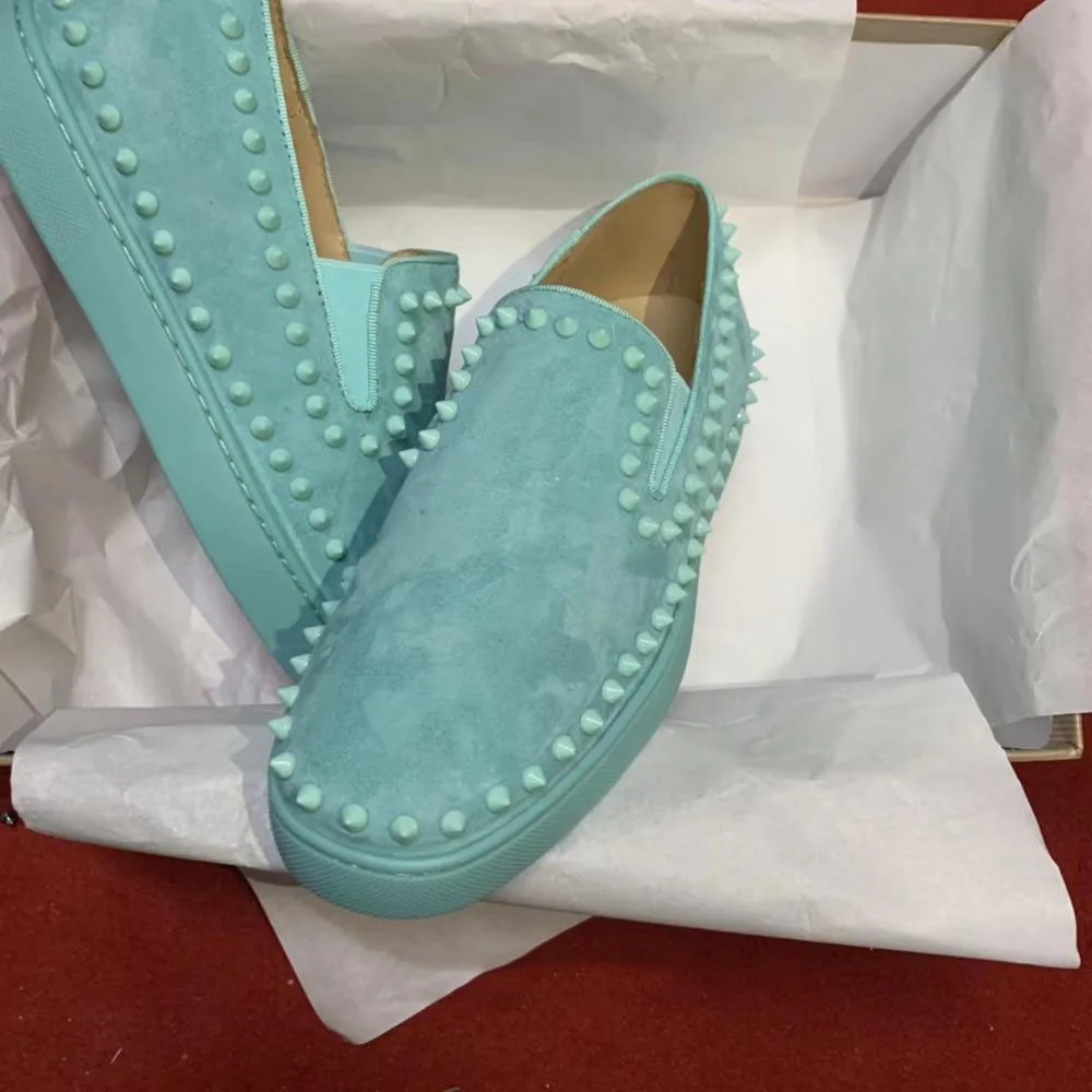 

Top Low Cut Leisure Slip On Full Blue Leather Circle Rivets Red Bottom For Men Shoes Sneakers Casual Flat Loafers Footwear